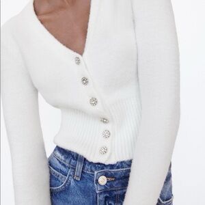 Zara White Button-Up jeweled Women Sweater